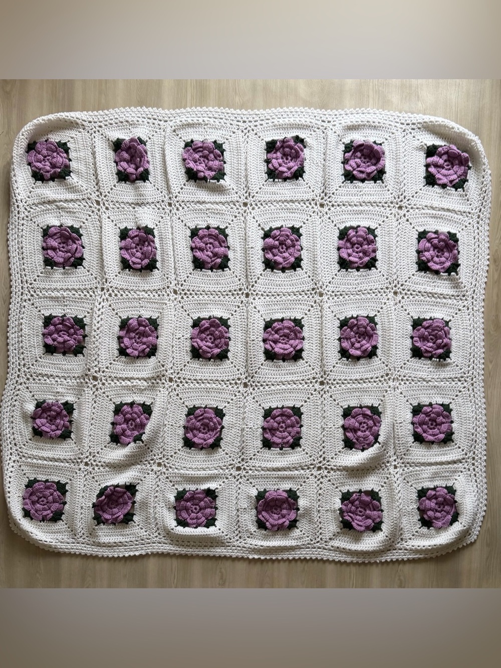 Vintage Grannycore Handmade Crocheted Floral Blanket 3D Roses Throw